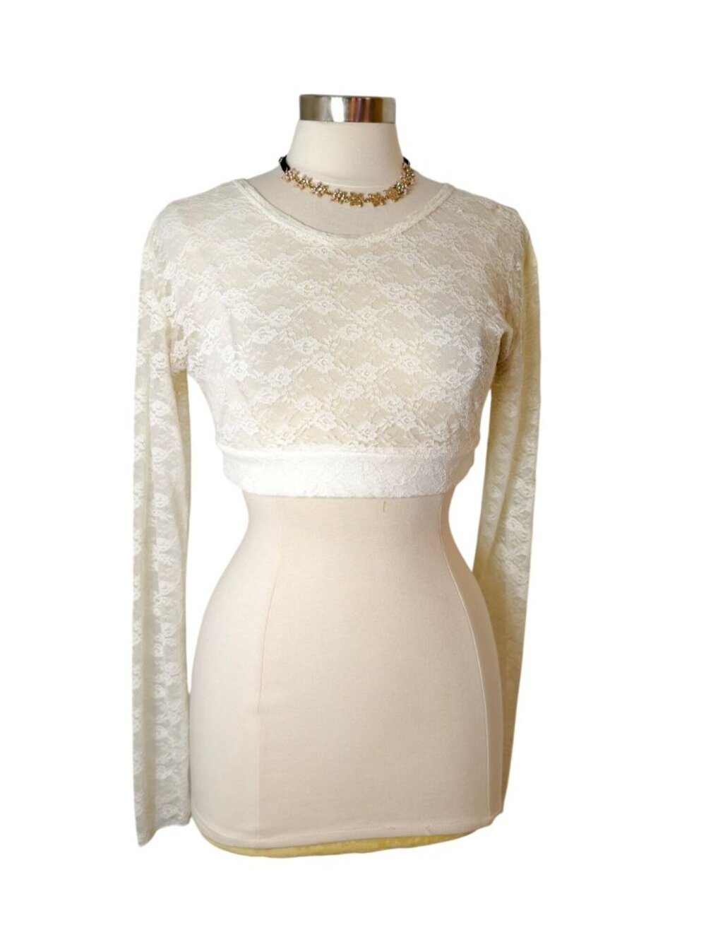 Womens S Lace Long-Sleeve Crop Top White Stretch Romantic Sheer Elegant Layer